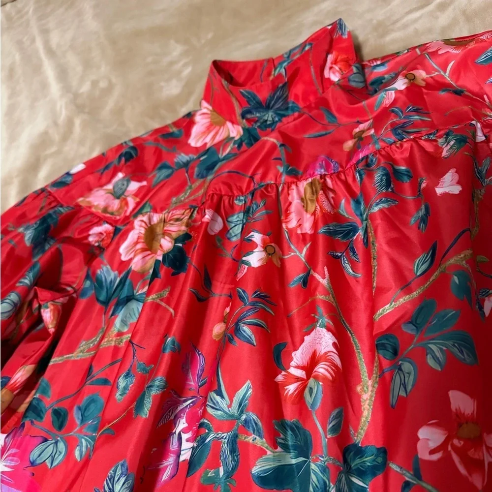 Anthropologie Red Floral Puff Sleeve Mini Dress Small - Picture 5 of 9